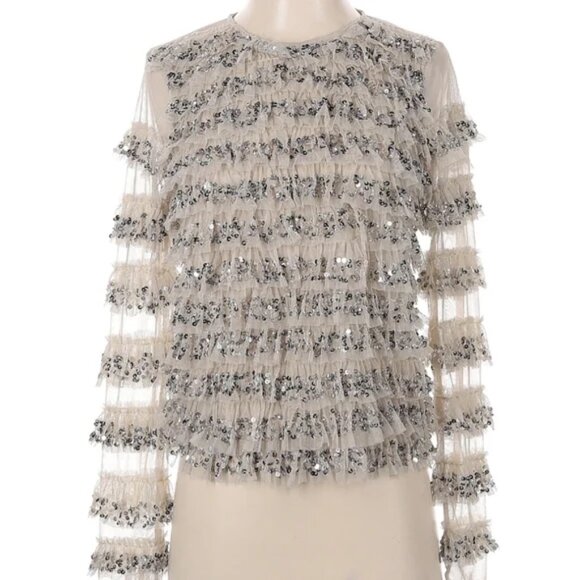 LetMeBe Anthropologie Silver Sequins Taupe Tulle Ruffles Blouse Size M - Picture 4 of 7